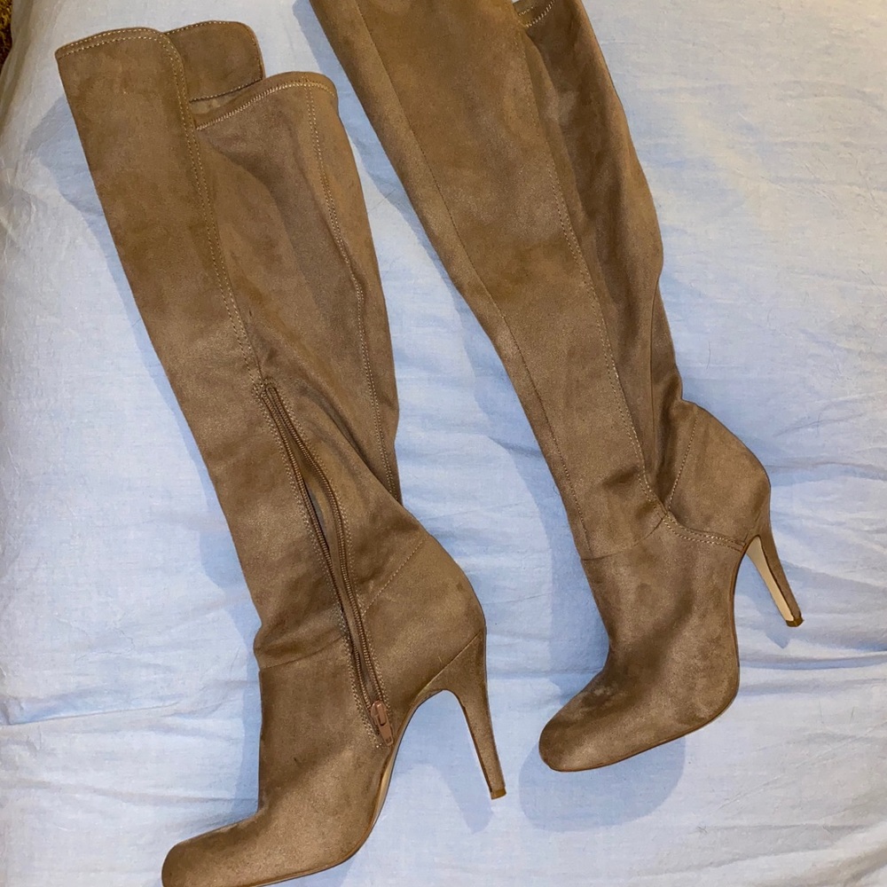 Knee high healed boots- taupe suede color